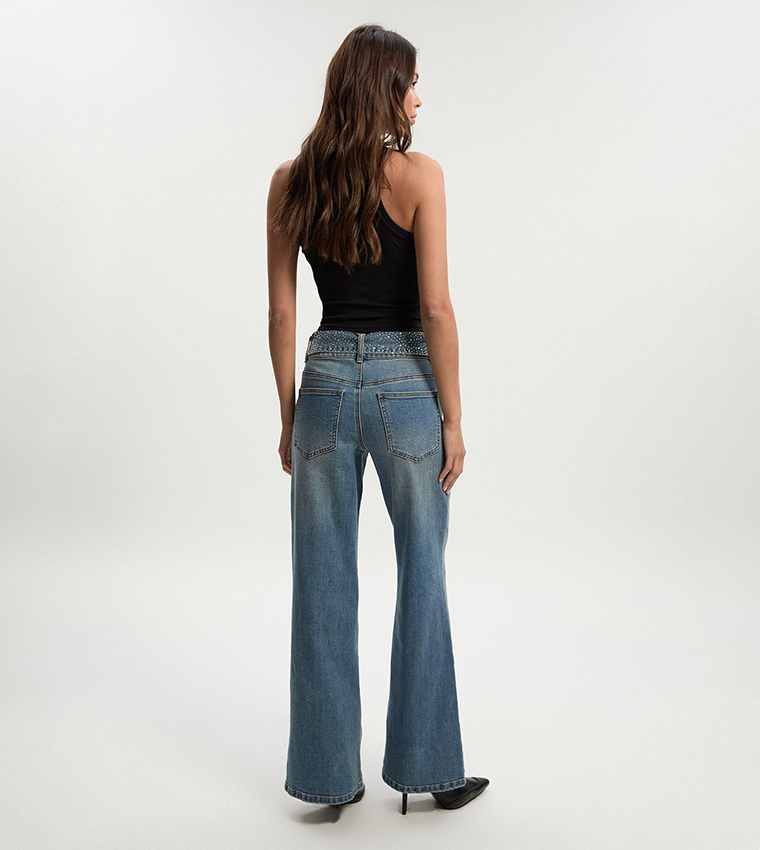 Embellished Belt High Waist Wide Leg Jeans