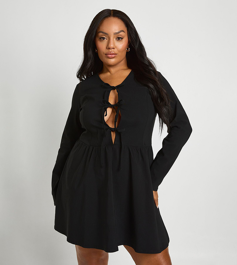 Curve Tie Front Long Sleeves Skater Dress