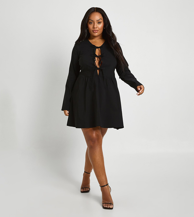 Curve Tie Front Long Sleeves Skater Dress