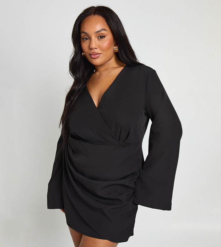 Curve Solid Long Sleeves Wrap Dress