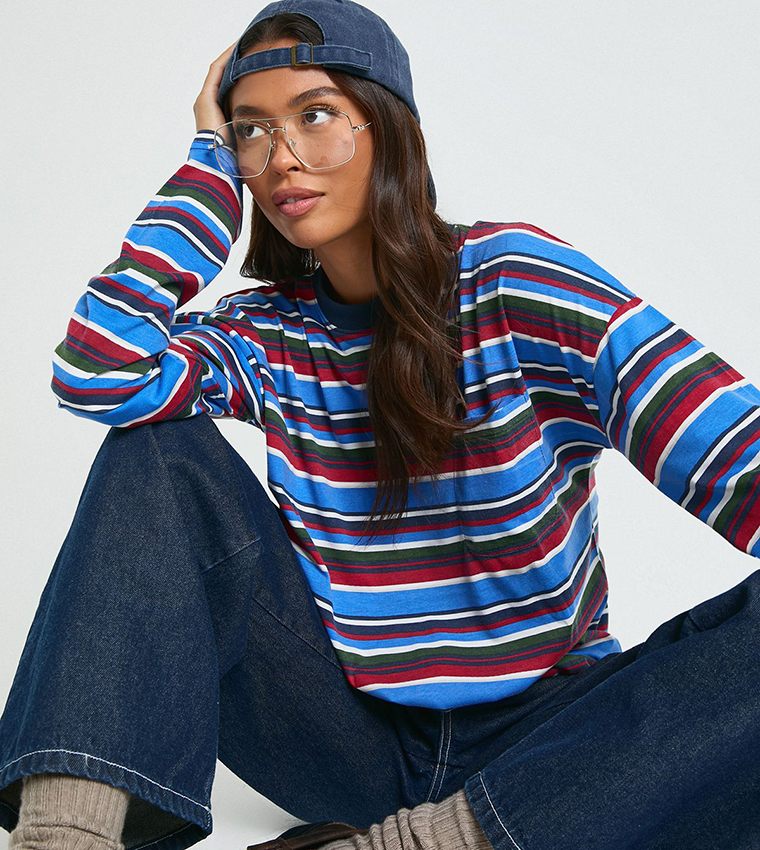 Striped Long Sleeves Pocket Detail T-Shirt