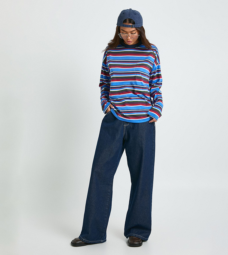 Striped Long Sleeves Pocket Detail T-Shirt