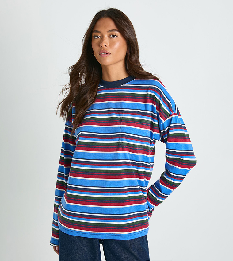 Striped Long Sleeves Pocket Detail T-Shirt