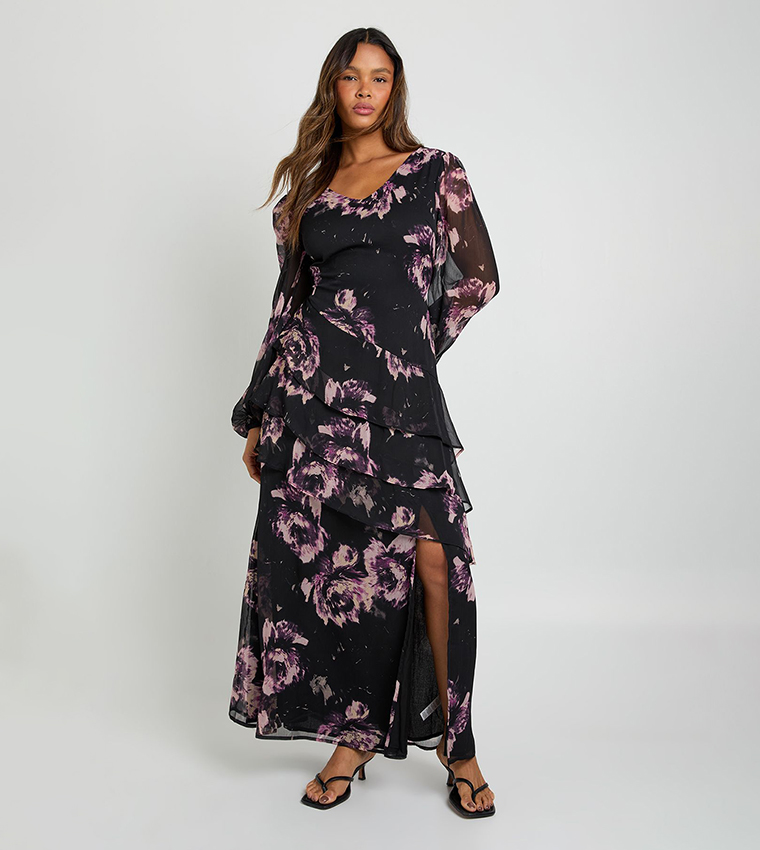 Floral Chiffon Floral Frill Maxi Dress