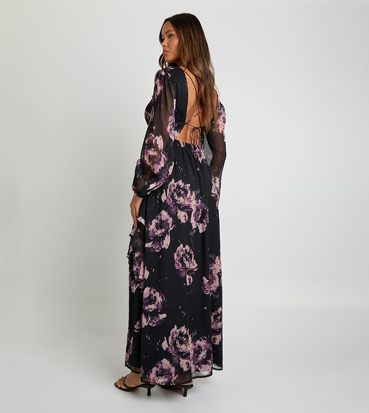 Floral Chiffon Floral Frill Maxi Dress
