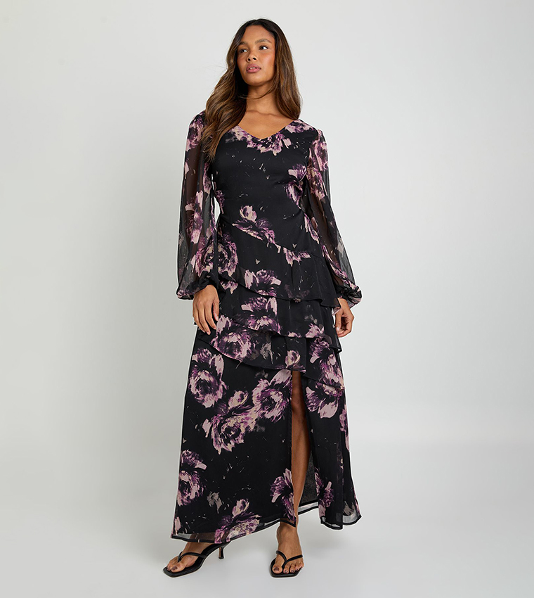 Floral Chiffon Floral Frill Maxi Dress