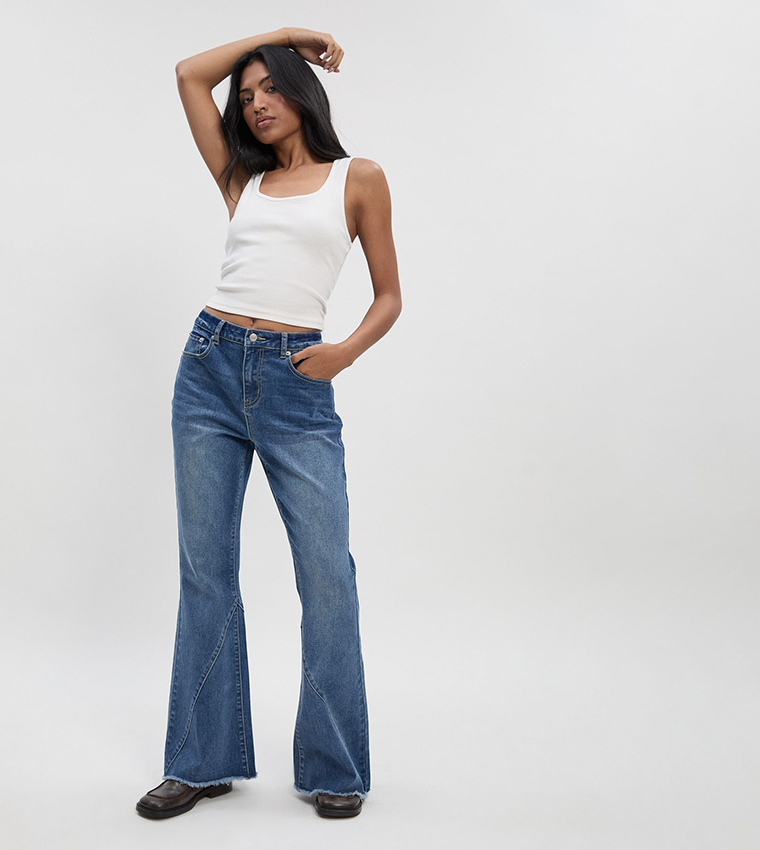 Mid Waist Seam Detail Super Flared Jeans