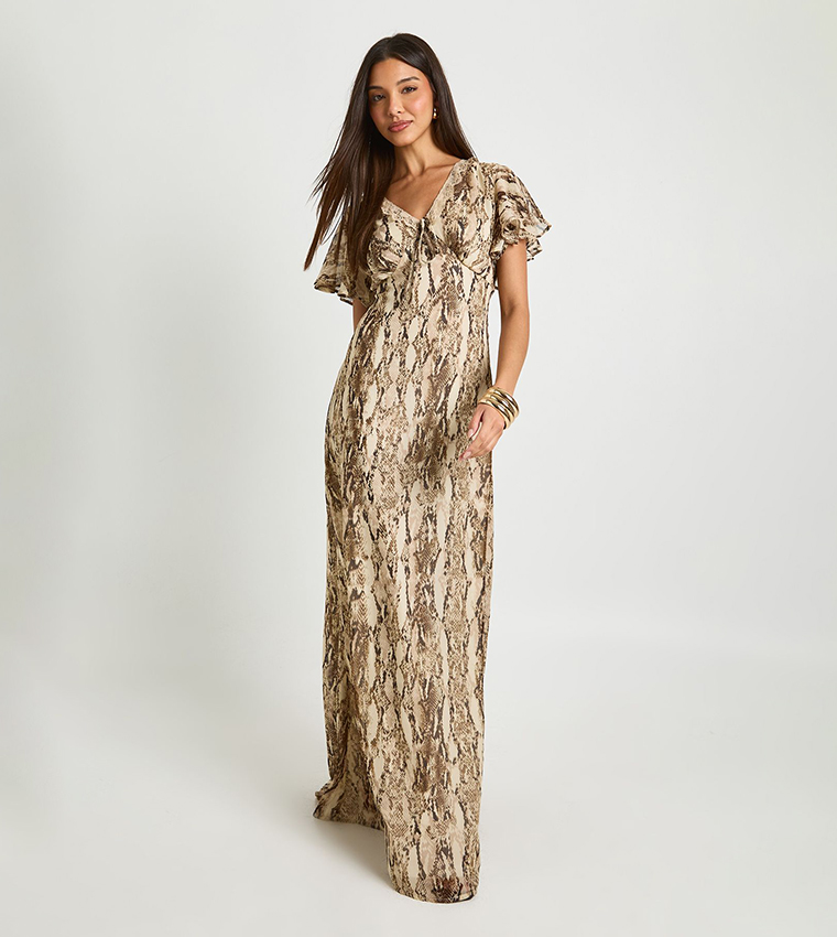 Tall Snake Printed Lace Trim Maxi Dress