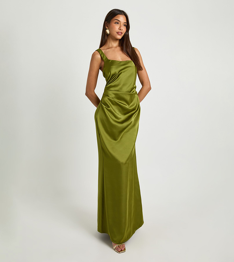 Square Neck Satin Ruched Maxi Dress
