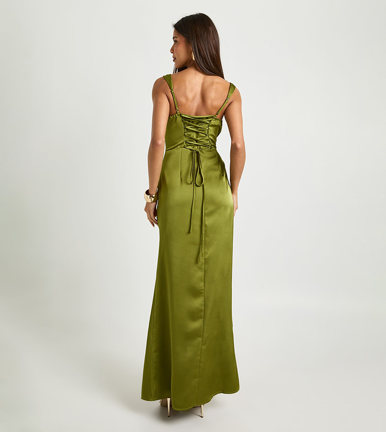 Square Neck Satin Ruched Maxi Dress