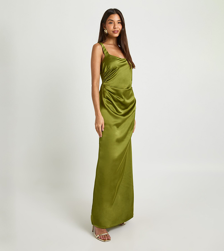 Square Neck Satin Ruched Maxi Dress