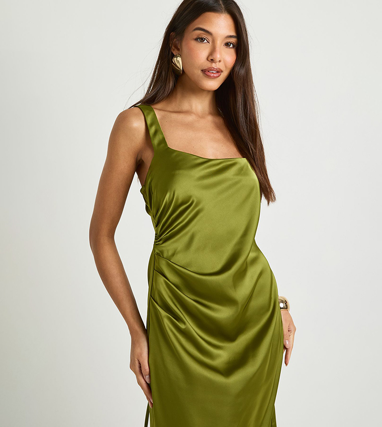 Square Neck Satin Ruched Maxi Dress