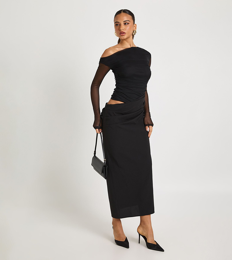 Mesh Mix Draped Midaxi Dress
