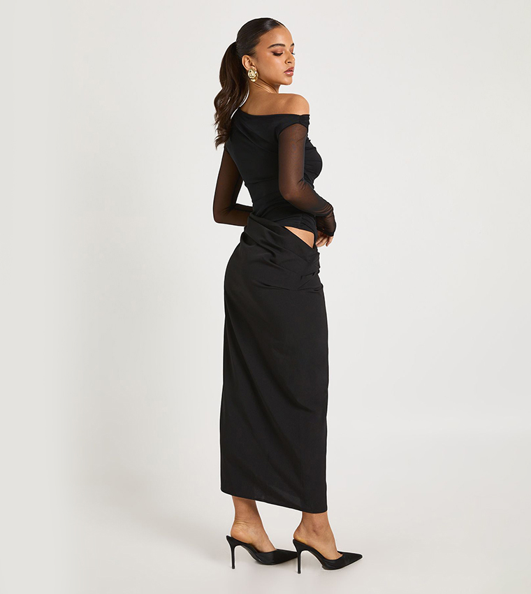 Mesh Mix Draped Midaxi Dress