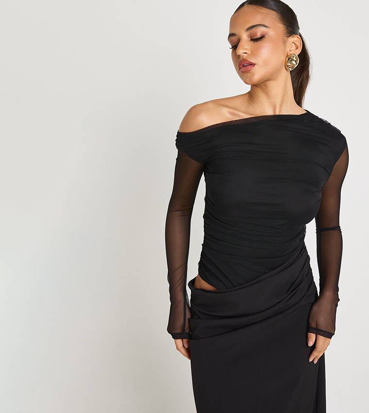 Mesh Mix Draped Midaxi Dress