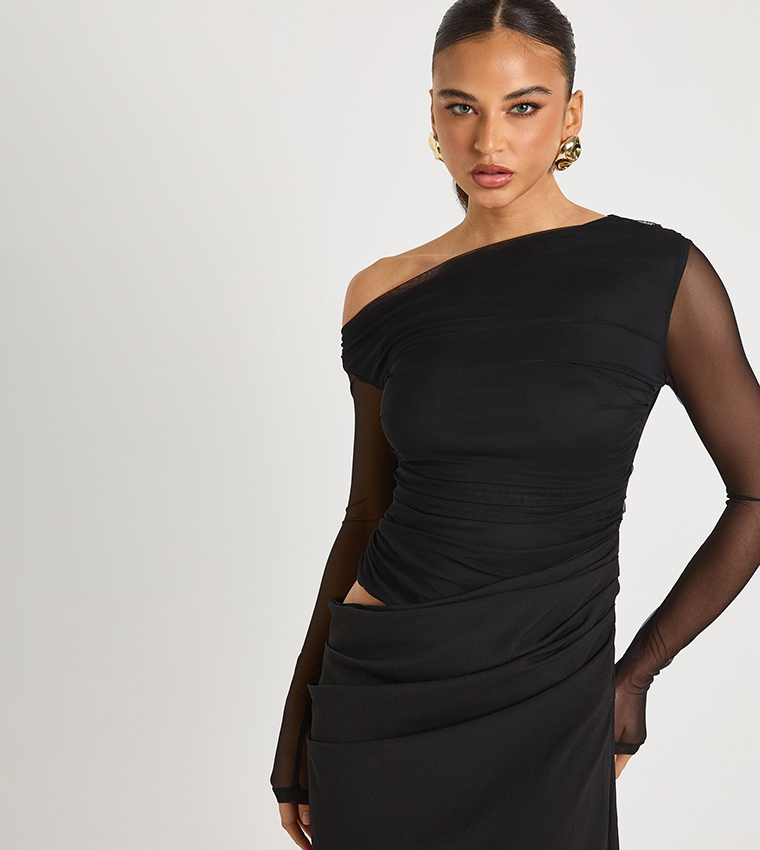 Mesh Mix Draped Midaxi Dress