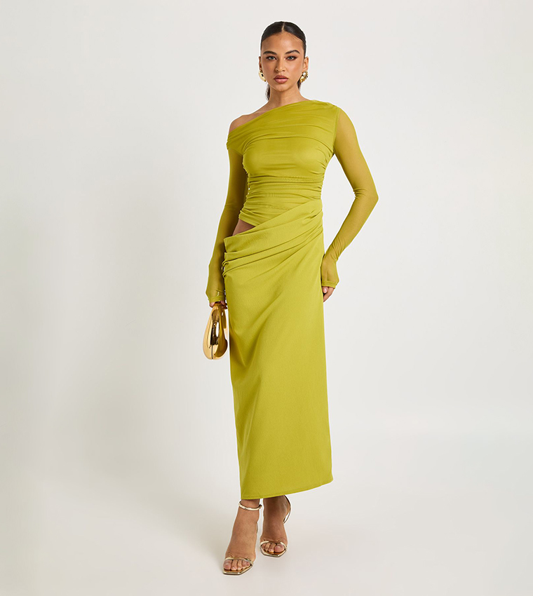 Mesh Mix Draped Midaxi Dress
