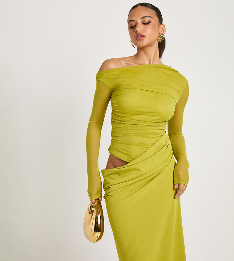 Mesh Mix Draped Midaxi Dress
