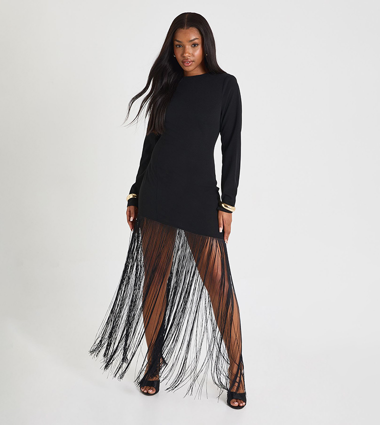 Shoulder Pad Fringe Mini Dress