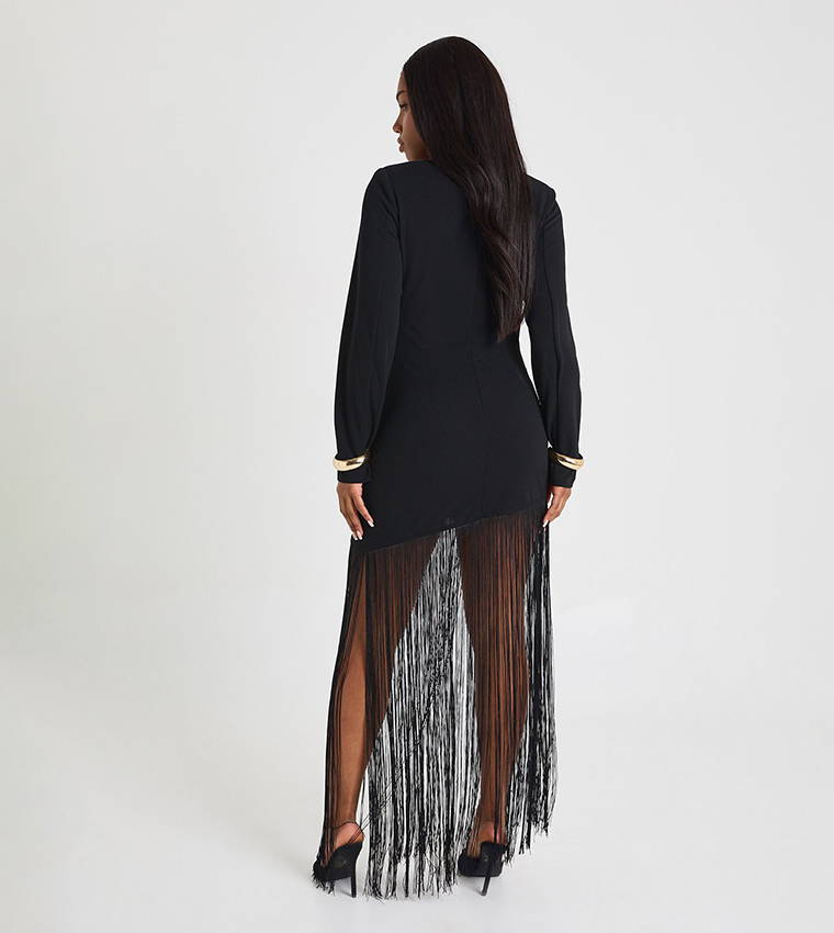 Shoulder Pad Fringe Mini Dress