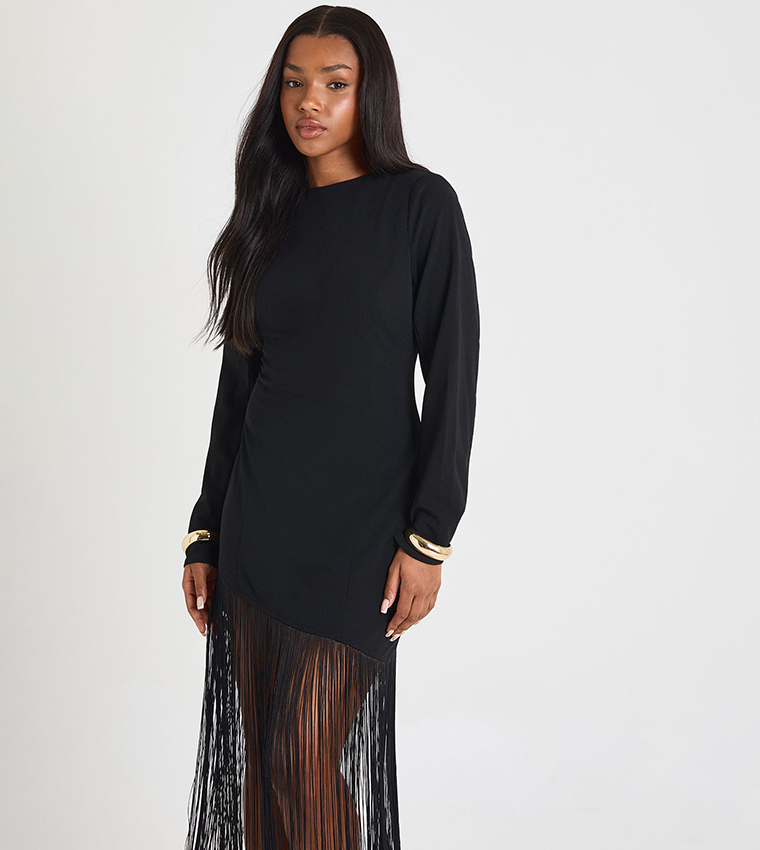 Shoulder Pad Fringe Mini Dress