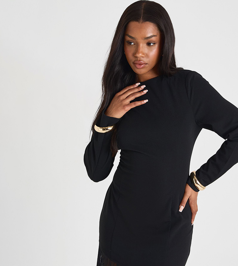 Shoulder Pad Fringe Mini Dress