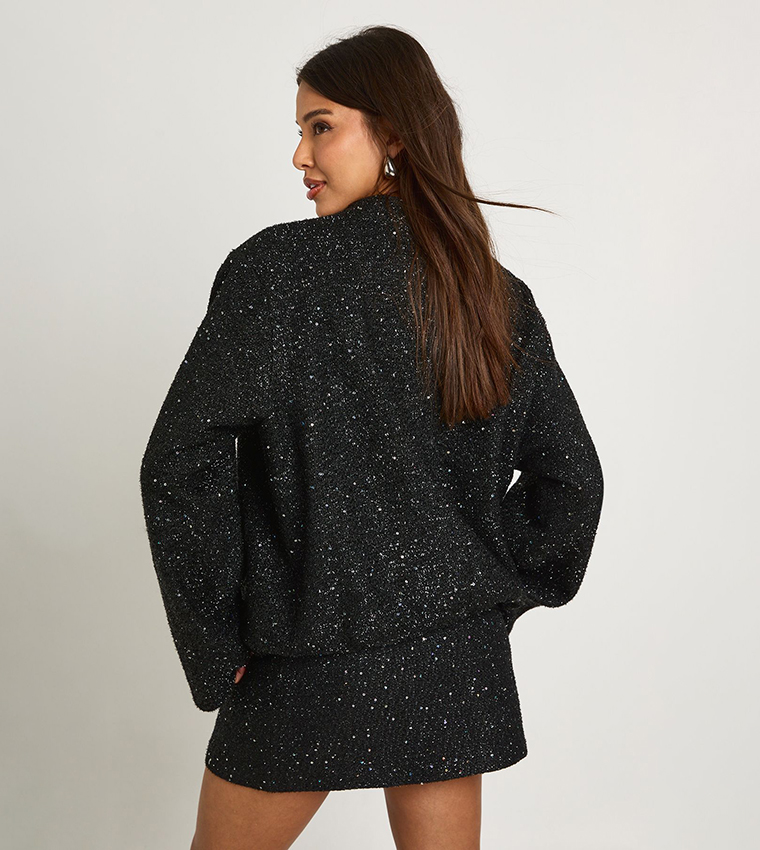 Sequined Boucle Bomber Jacket