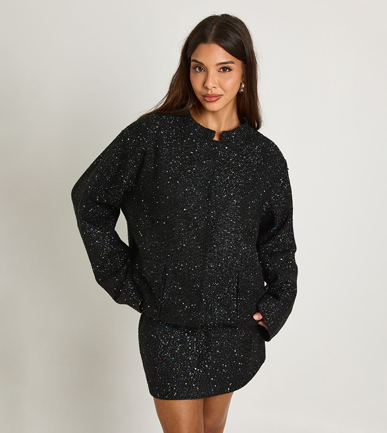 Sequined Boucle Bomber Jacket