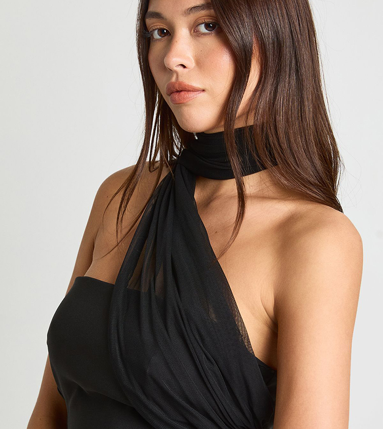 Mesh Fabric Mix Draped Mini Dress