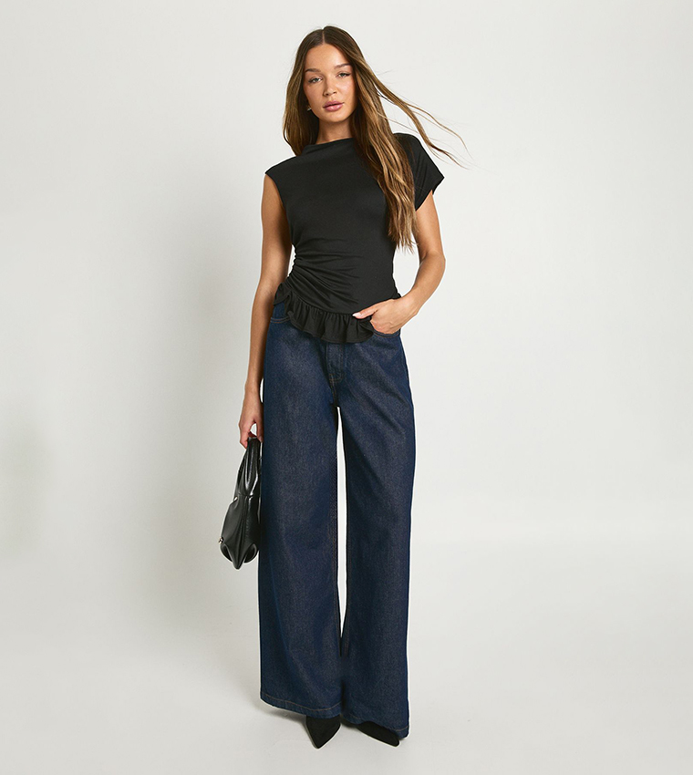 Peached Jersey Wide Neck Frill Hem Top