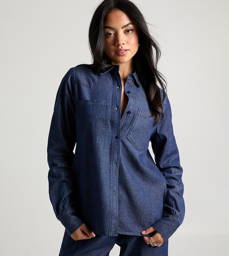 Pocket Detail Long Sleeves Chambray Oversized Shirt