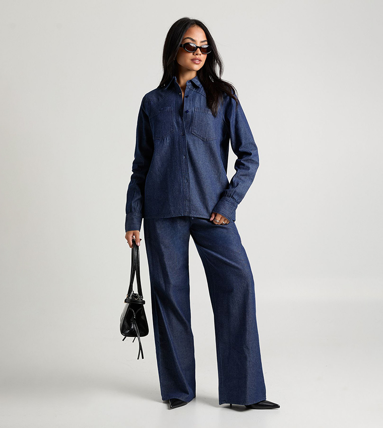 Pocket Detail Long Sleeves Chambray Oversized Shirt
