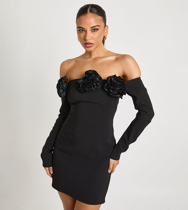 Buy Boohoo Rose Appliqued Long Sleeves Mini Dress In Black | 6thStreet Qatar