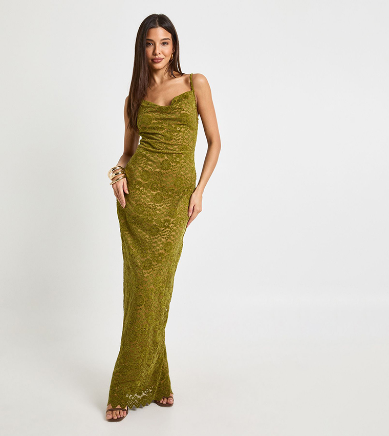 Velvet Lace Strappy Cowl Maxi Dress