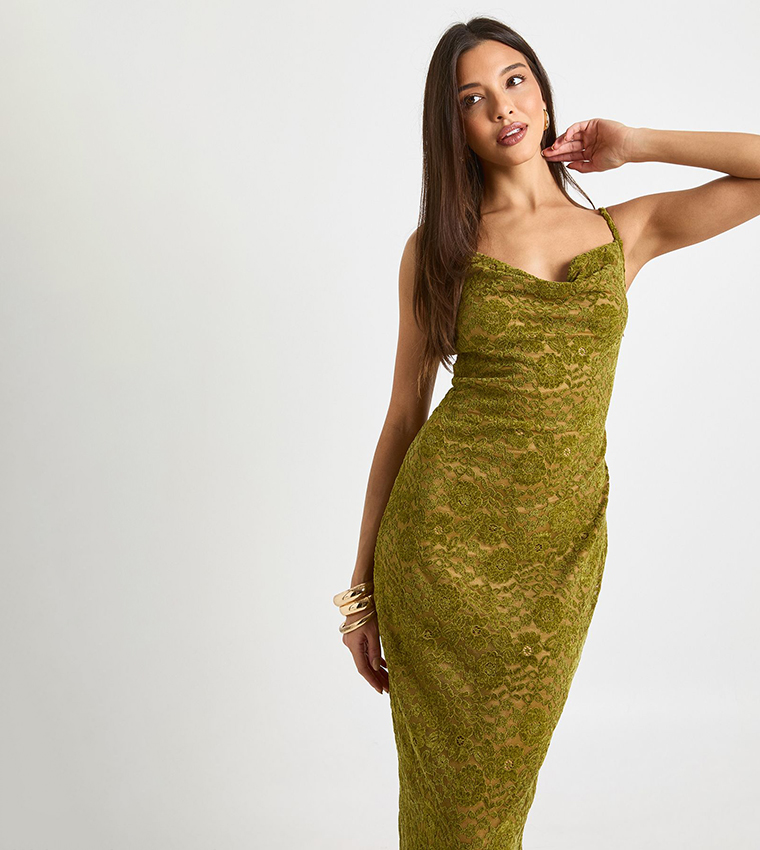 Velvet Lace Strappy Cowl Maxi Dress