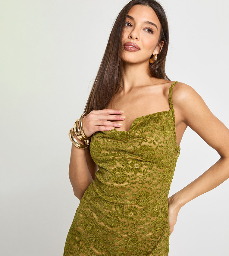 Velvet Lace Strappy Cowl Maxi Dress