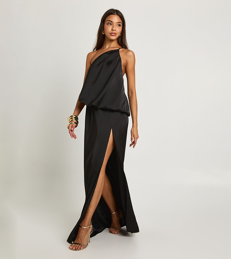 Solid One-Shoulder Satin Blouson Maxi Dress