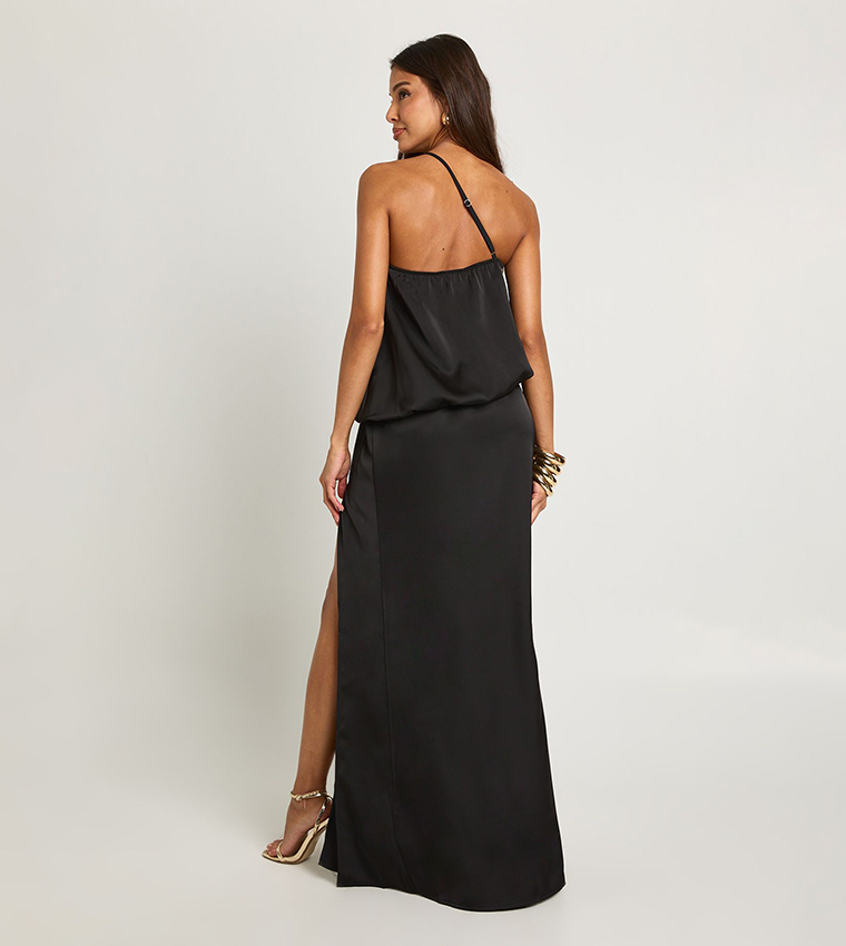 Solid One-Shoulder Satin Blouson Maxi Dress