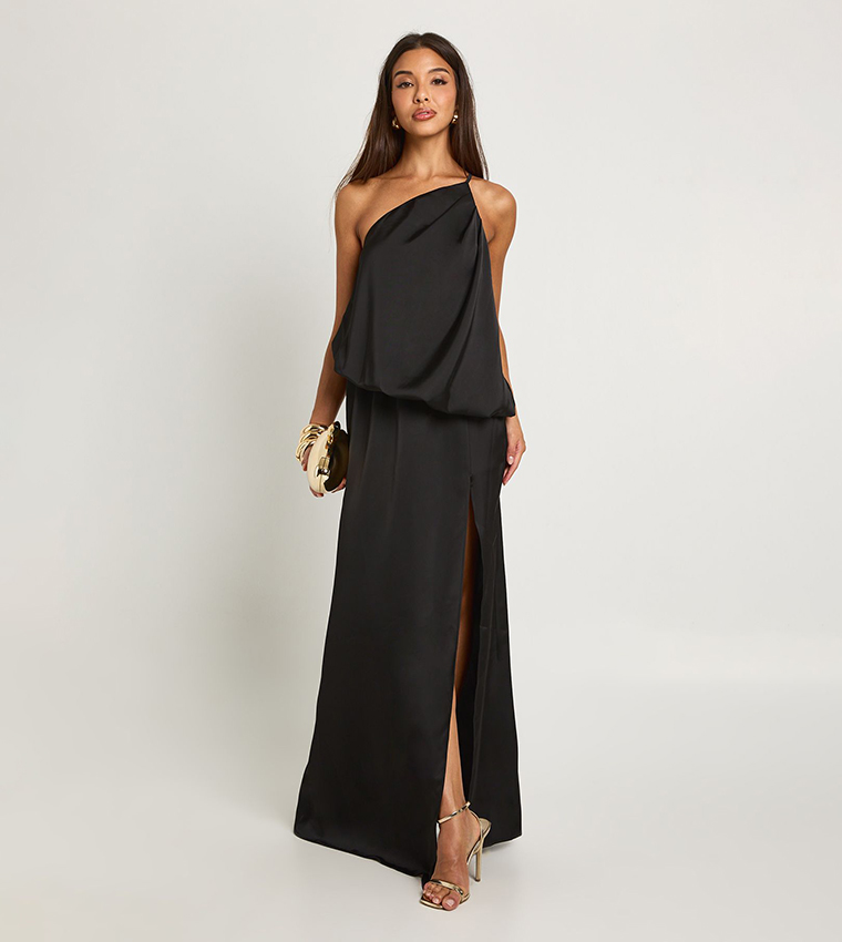 Solid One-Shoulder Satin Blouson Maxi Dress