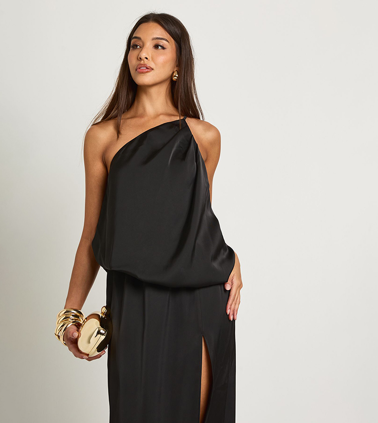Solid One-Shoulder Satin Blouson Maxi Dress