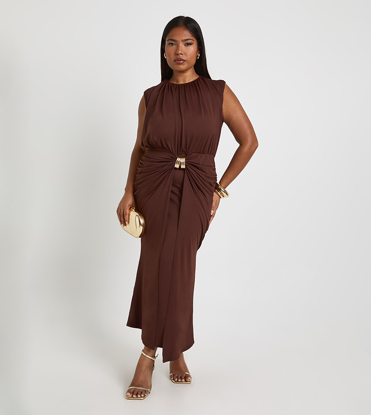 Curve Gold Trim Ruched Midaxi Dress