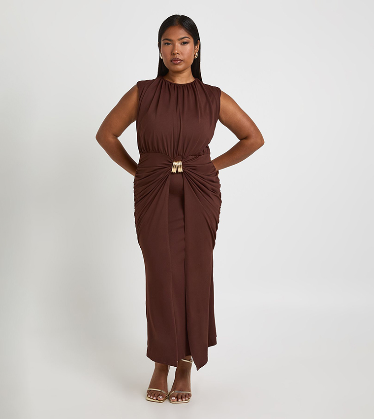 Curve Gold Trim Ruched Midaxi Dress