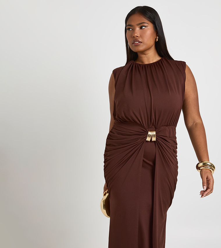 Curve Gold Trim Ruched Midaxi Dress