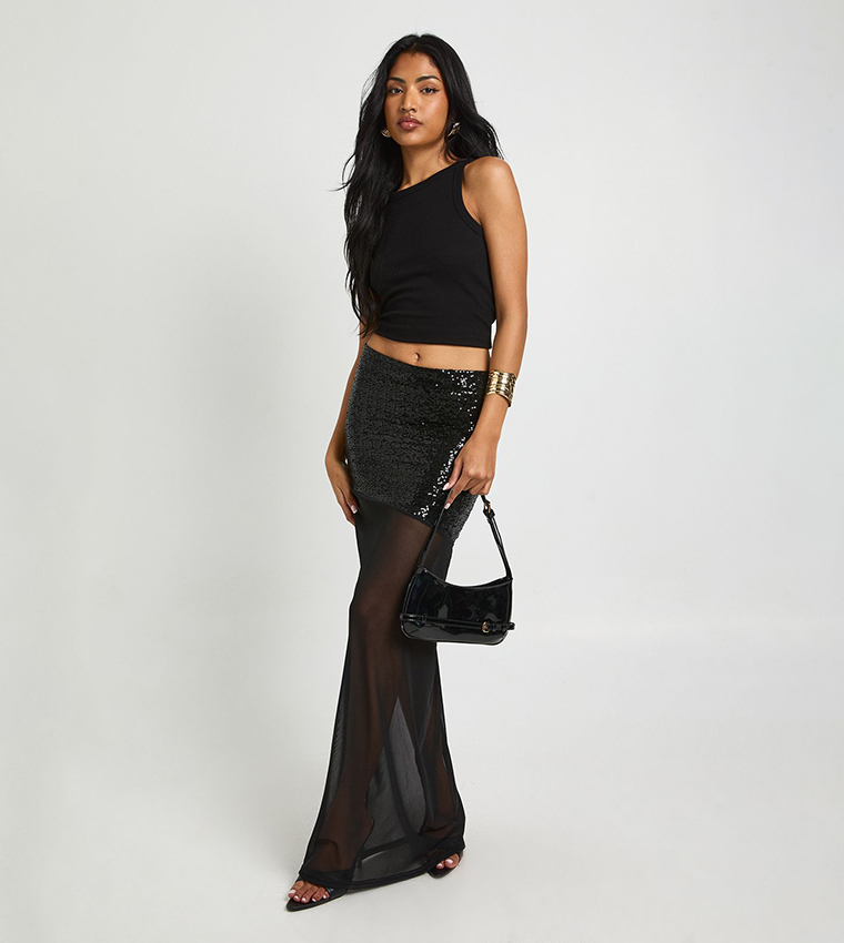 Sequinned and Mesh Maxi Skirt