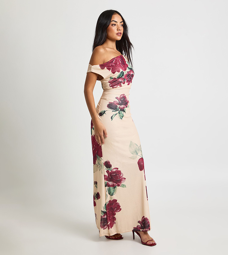 Petite Rose Printed Asymmetric Mesh Maxi Dress