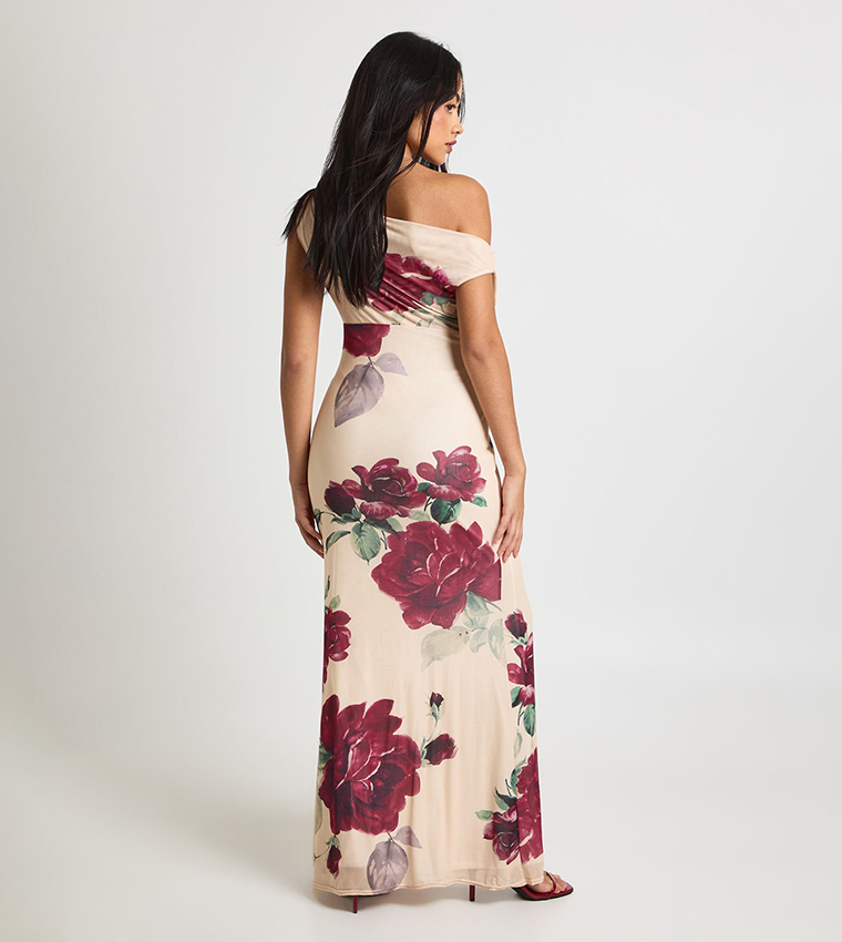 Petite Rose Printed Asymmetric Mesh Maxi Dress