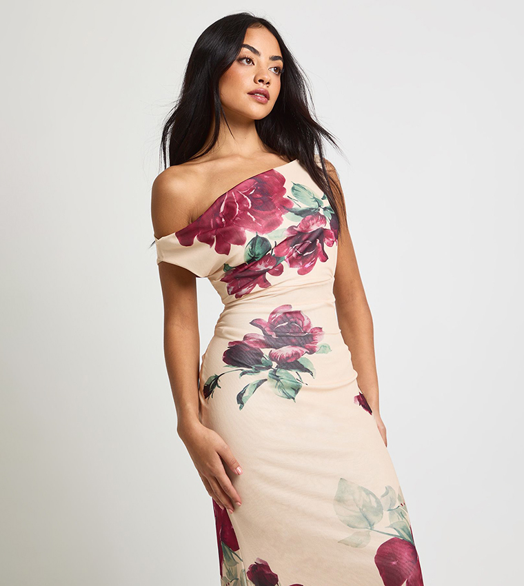 Petite Rose Printed Asymmetric Mesh Maxi Dress