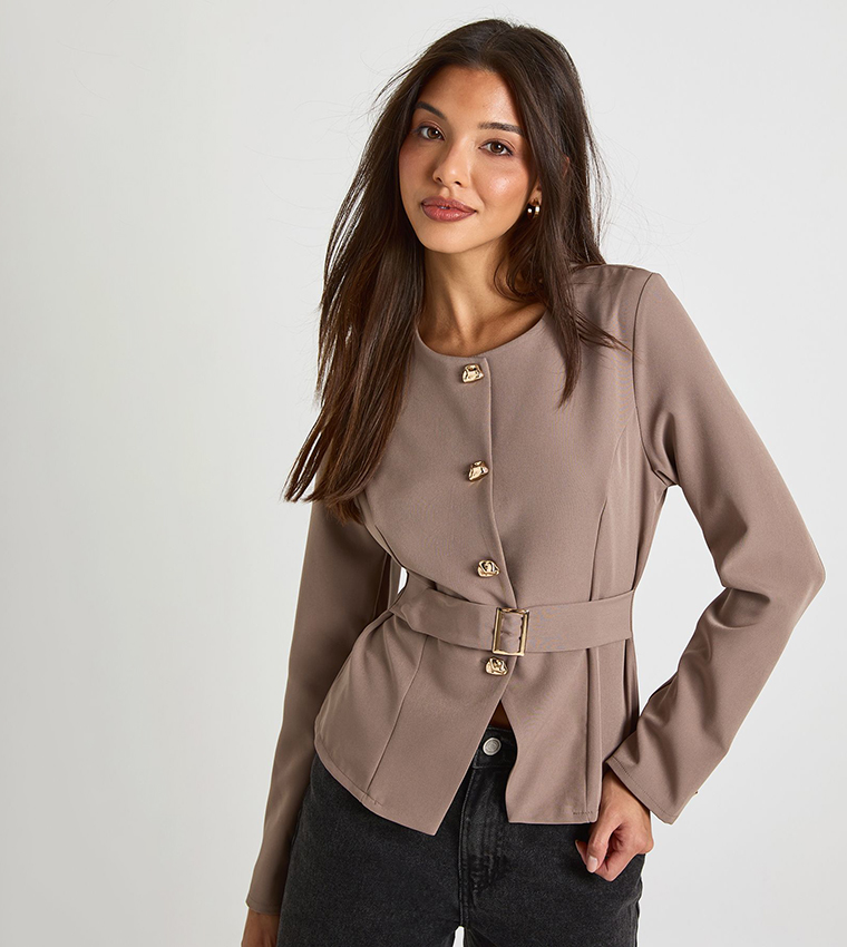 Gold Trim Collarless Blazer