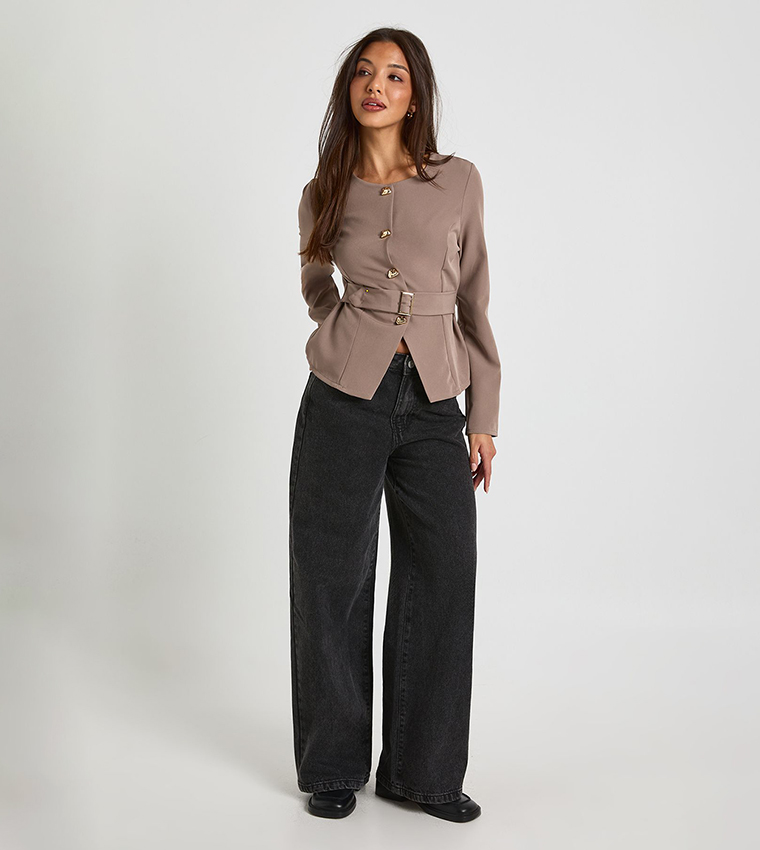 Gold Trim Collarless Blazer