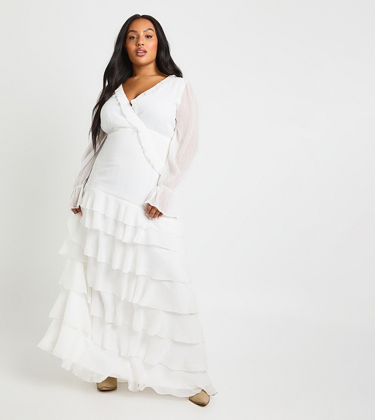 Buy Boohoo Curve Chiffon Ruched Waist Skater Maxi Dress In White